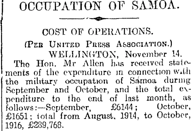 OCCUPATION OF SAMOA. (Otago Daily Times 15-11-1916)