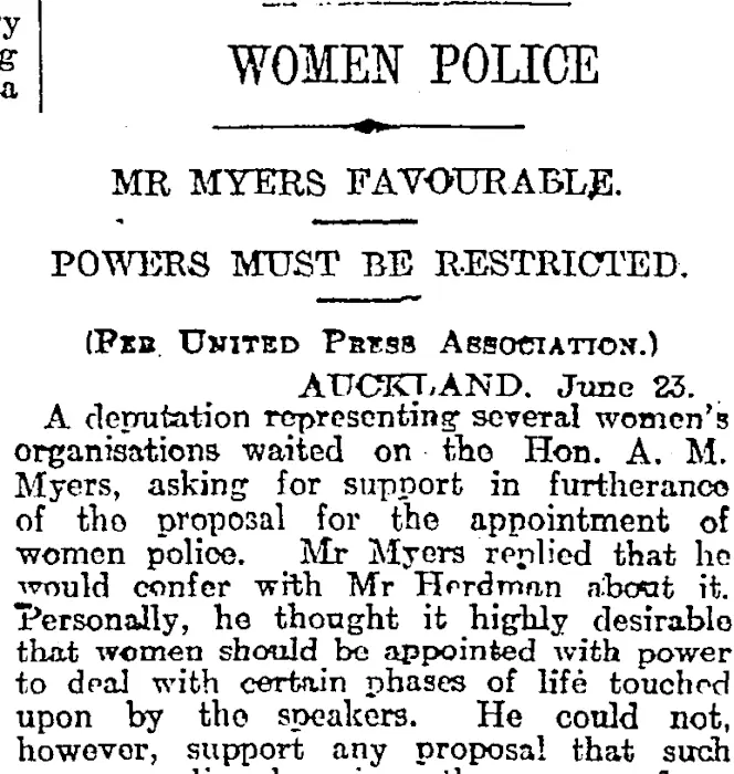 WOMEN POLICE (Otago Daily Times 25-6-1917)