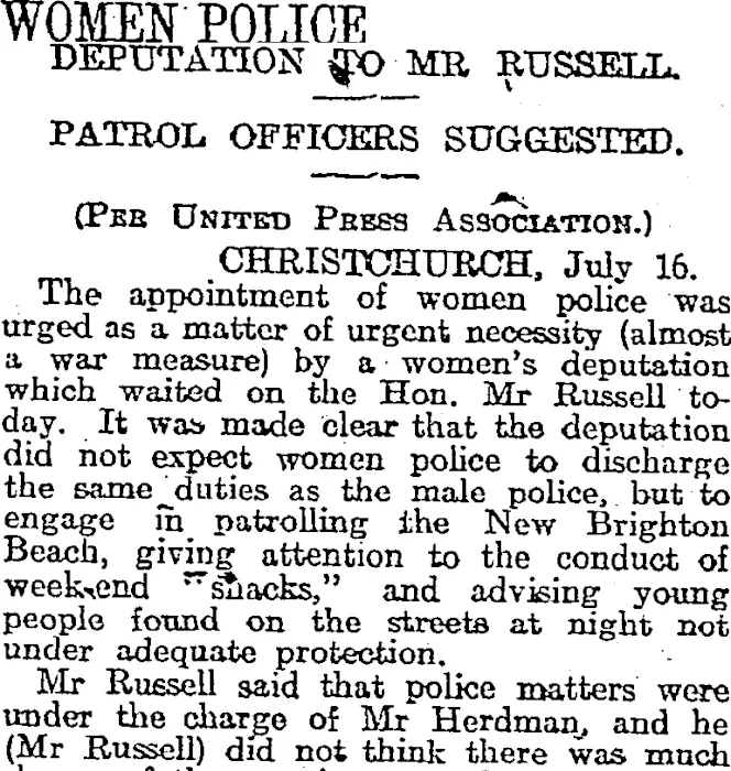 WOMEN POLICE (Otago Daily Times 17-7-1917)