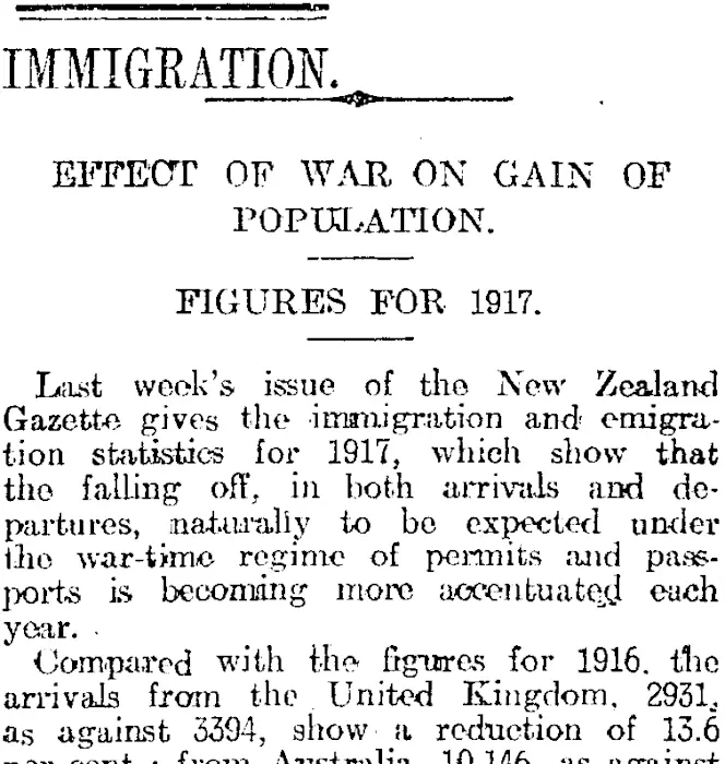 IMMIGRATION. (Otago Daily Times 6-2-1918)