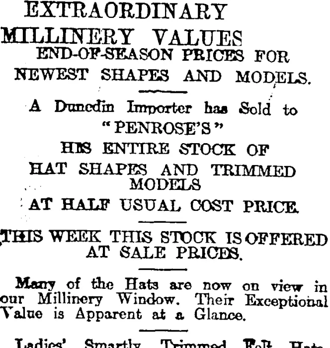 EXTRAORDINARY MILLINERY VALUES. (Otago Daily Times 31-5-1918)