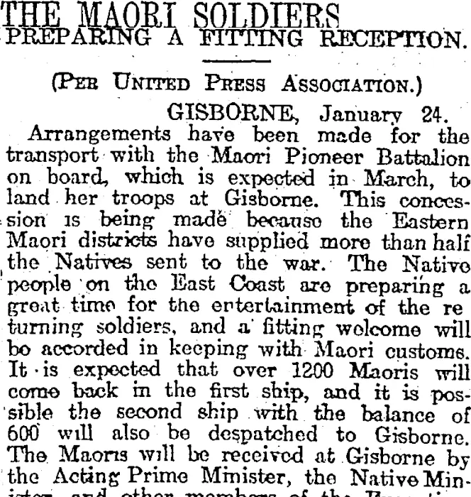 THE MAORI SOLDIERS (Otago Daily Times 25-1-1919)