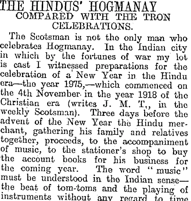 THE HINDUS' HOGMANAY (Otago Daily Times 11-3-1919)