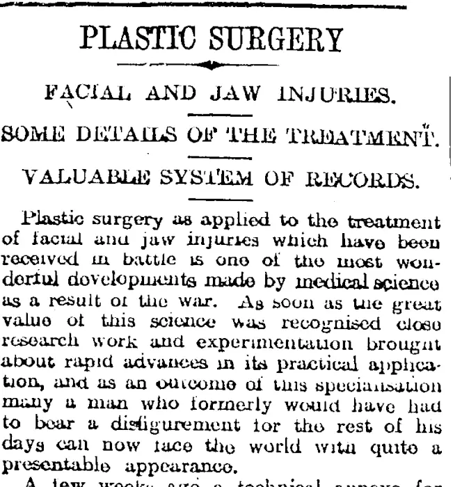PLASTIC SURGERY (Otago Daily Times 6-9-1919)