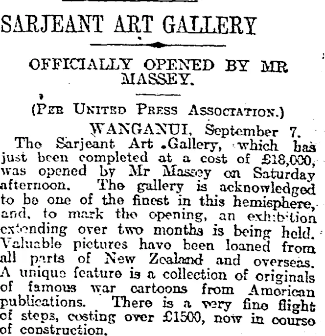 SARJEANT ART GALLERY (Otago Daily Times 8-9-1919)