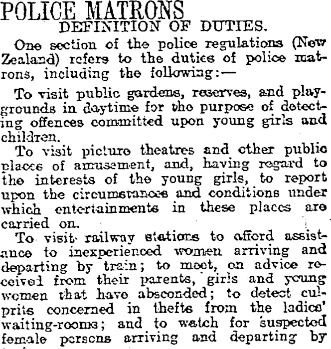 POLICE MATRONS (Otago Daily Times 25-9-1919)