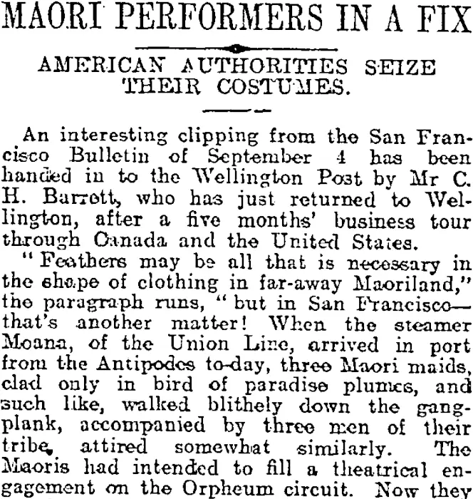 MAORI PERFORMERS IN A FIX (Otago Daily Times 14-10-1919)