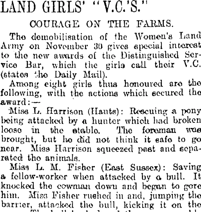 LAND GIRLS' "V.C.'S." (Otago Daily Times 8-1-1920)