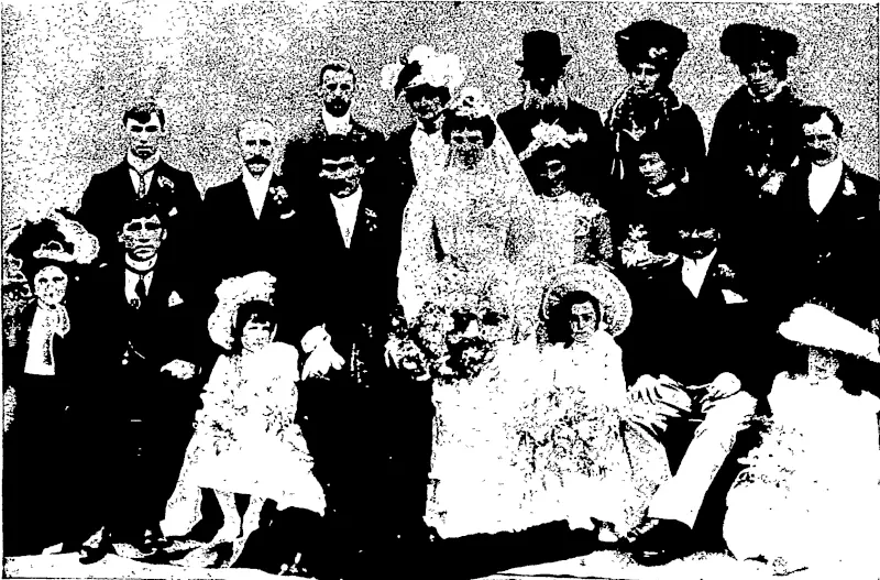 A GROUP OF THE GUESTS AT THE WEDDING OF MR WM. PRINTZ, OF OREPUKI. —Armstrong, photo. SOUTHLAND, TO MISS BELLETT, OF SOUTH DUNEDIN. (Otago Witness, 09 April 1902)