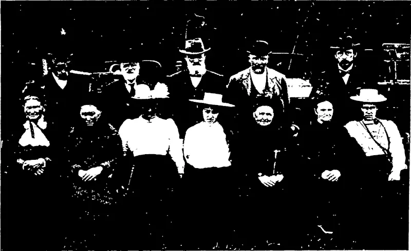 GROUP OF EARLY SETTLERS AND DESCENDANTS, PHILIP" LAING (1848).  Uack Row: A. Cullender. M. Marhhall, A. Marshall, A. B. Mercer, H. F. M. Mercer (first  male child born in the Cluthu district).  Fkont Row: Mrs C. Hill, Mrs M. Marshall (Larkins, 1849), Mibs Marshall (Larkins, 1849), Mis'- D. Marshall, Airs A. Marshall, M:-> A. Nicol, Miss Nicol. (Otago Witness, 05 February 1902)