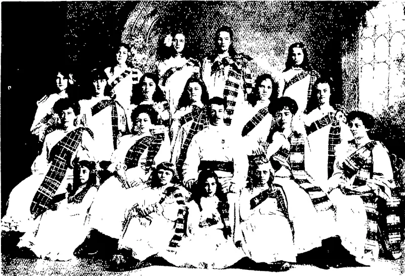 GIRLS IN THE HIGHLAND DANCE^ WITH THEIR INSTRUCTOR (MR ALEX SUTHERLAND). (Otago Witness, 14 June 1905)