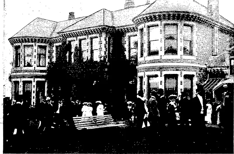 VIEW IN FRONT OF " MARINOTO,' THE RESIDENCE OF MR P. R. SARGOOD: SOME OF THE GUESTS ON THE LAWN (Otago Witness, 17 January 1906)