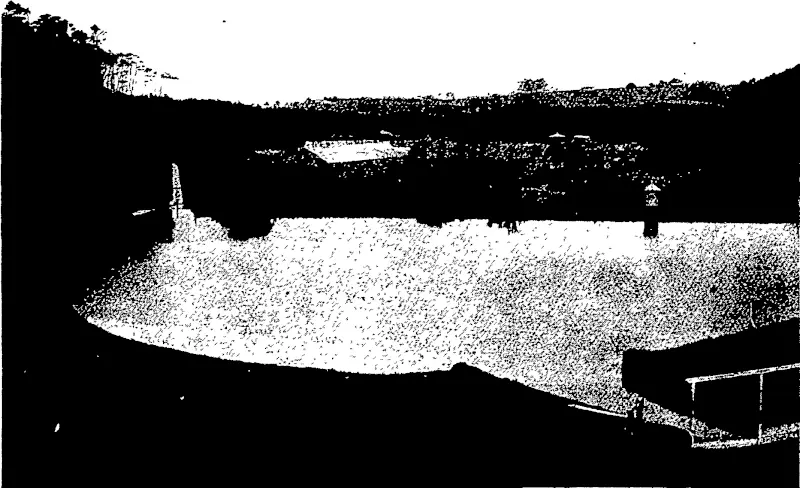 ROSS'S CREEK RESERVOIR, DUNEDIN, PROM THE UPPER END.  This -new shows the upper basin filled to its full capacity, and the lower basin empty  whilst undergoing repairs. (Otago Witness, 07 March 1906)