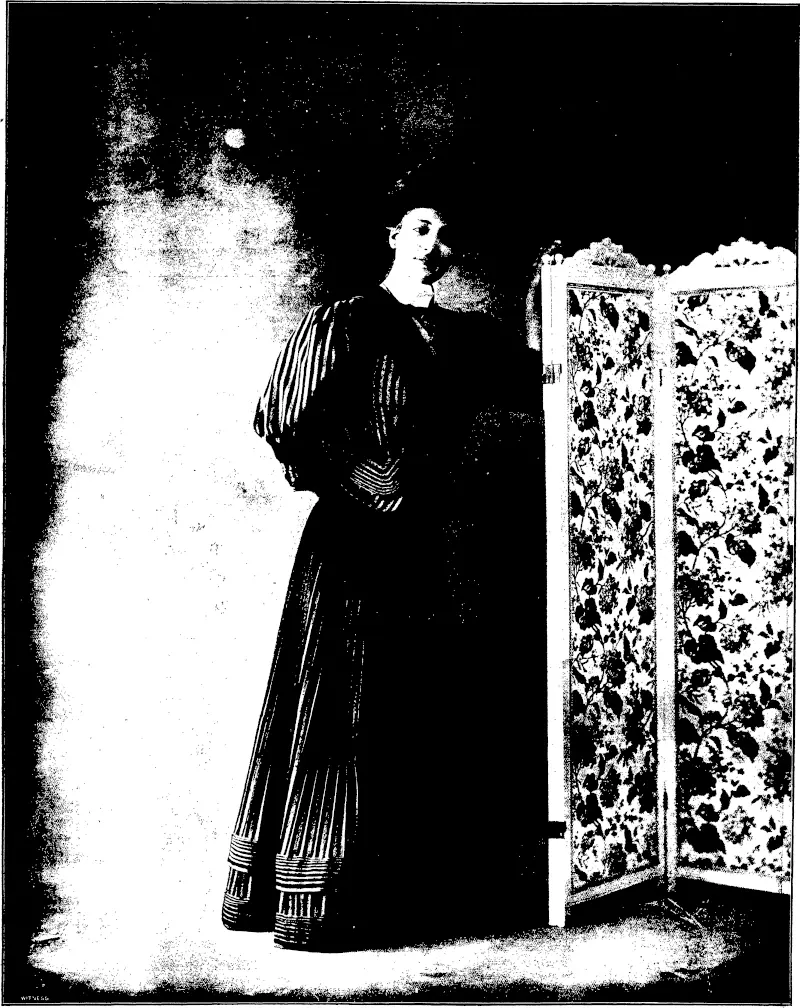 A STYLISH PARIS TAILOR – MADE COSTUME.  Tailor-made gown with pleated skirt and Empire bodice, in black and white striped material (lieehoff-David).  —Photo by Felix, Park. (Otago Witness, 10 April 1907)