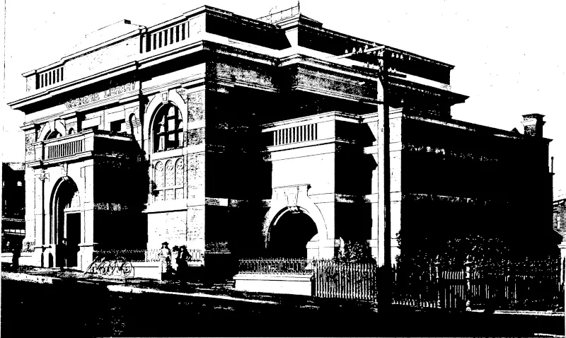 THE DUNEDIN. FEEE PUBLIC LIBRARY.  The library was formally opened on the 2nd inst. Mr Carnegie gave a grant of £10,000 for the erection of the building. (Otago Witness, 16 December 1908)