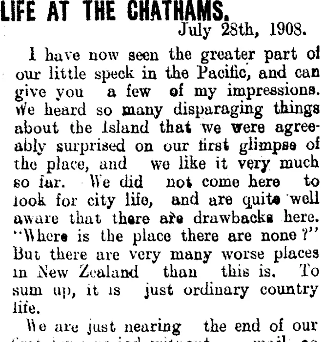 LIFE AT THE CHATHAMS. (Clutha Leader 25-8-1908)