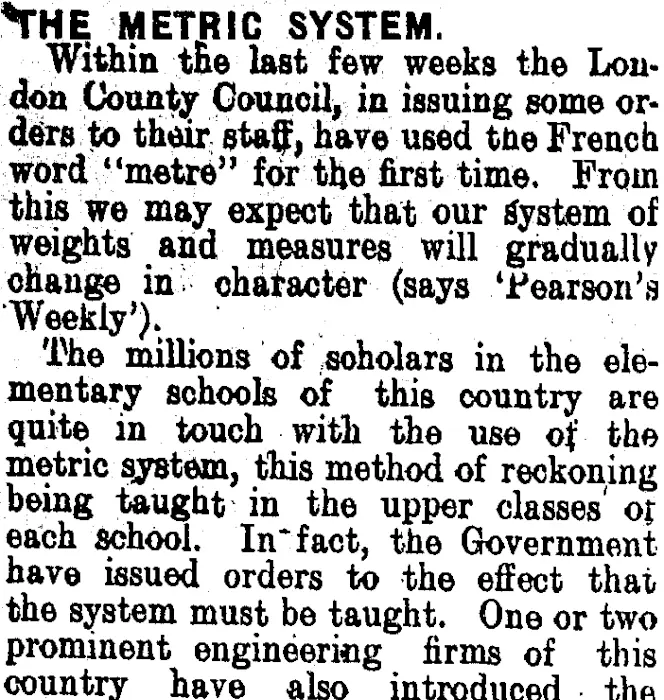 THE METRIC SYSTEM. (Clutha Leader 8-6-1909)