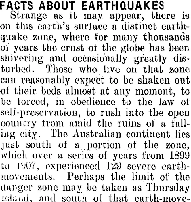 FACTS ABOUT EARTHQUAKES. (Clutha Leader 17-8-1909)