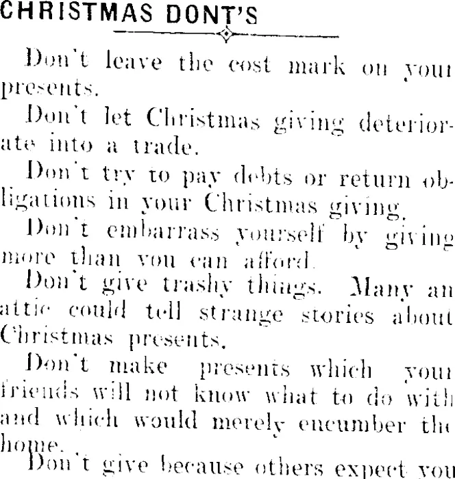CHRISTMAS DONT'S. (Clutha Leader 6-1-1911)
