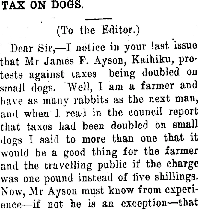 TAX ON DOGS. (Clutha Leader 20-12-1912)