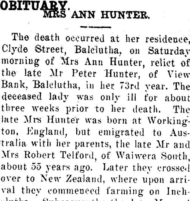 OBITUARY. (Clutha Leader 5-12-1916)