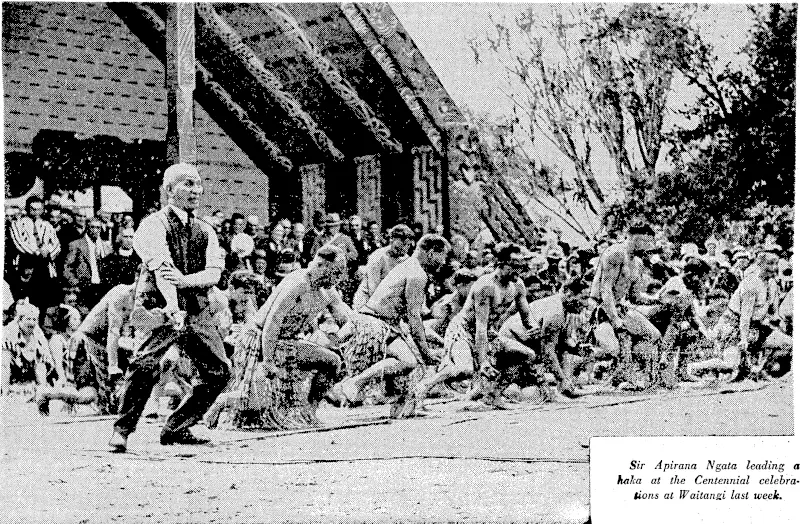 Sir Apirana Ngata leading a haka at the Centennial celebrations at Waitangi last week. (Evening Post, 12 February 1940)