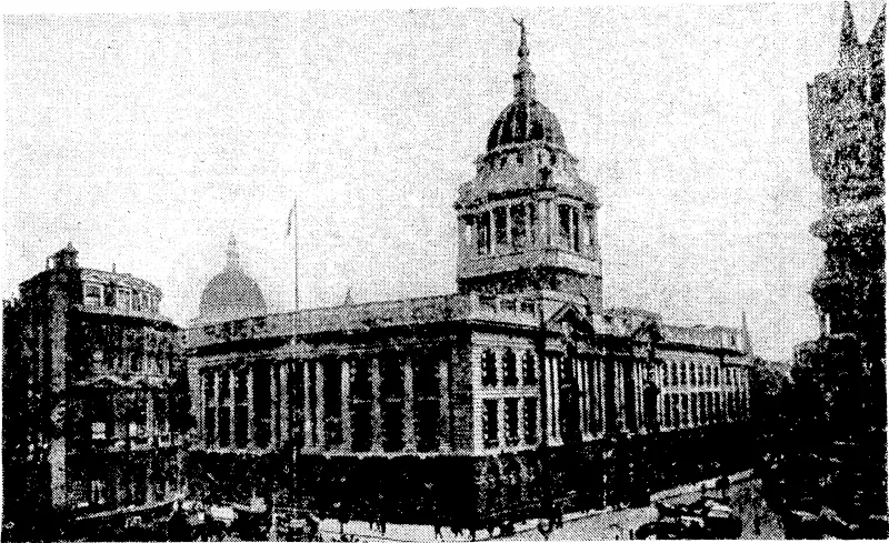 The Old Bailey, properly the Central Criminal Court, on the site of grim old Newgate, which is among the famous London buildings damaged in recent air raids. (Evening Post, 16 May 1941)