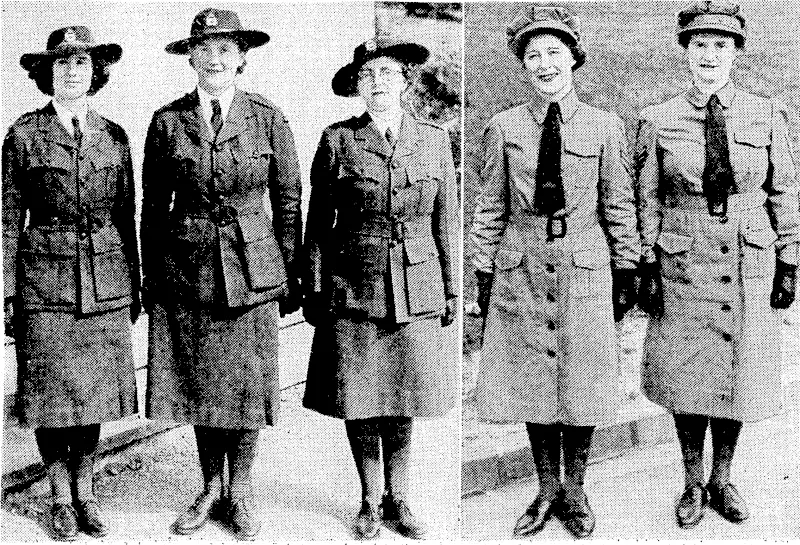 New headgear and uniforms for the Women's War Service Auxiliary overseas unit. Left, the new hat worn with,.,the. walking-out uniform. Right, drill service uniform. (Evening Post, 11 September 1941)