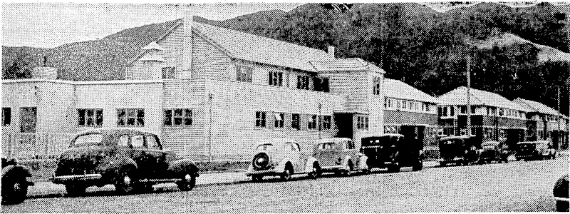 Some of the new hostels.at Woburn, Lower Hutt, erected by the Housing Department to accommodate women and girls engaged in essential war work, and opened yesterday afternoon by Lady Newall. (Evening Post, 10 April 1943)