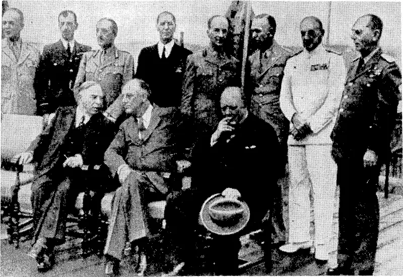 Allied leaders who attended the recent war conference at Quebec. In front are Mr. Mackenzie King (left), President Roosevelt, and Mr. Churchill. Standing at the back, from the left, General H. H. Arnold, Air Marshal Sir Charles Portal, General Sir Alan Brooke, Admiral E. J. King, Field-Marshal Sir John Dill, General G. C. Marshall, Admiral Sir Dudley Pound, and Admiral D. Leahy. (Evening Post, 24 September 1943)