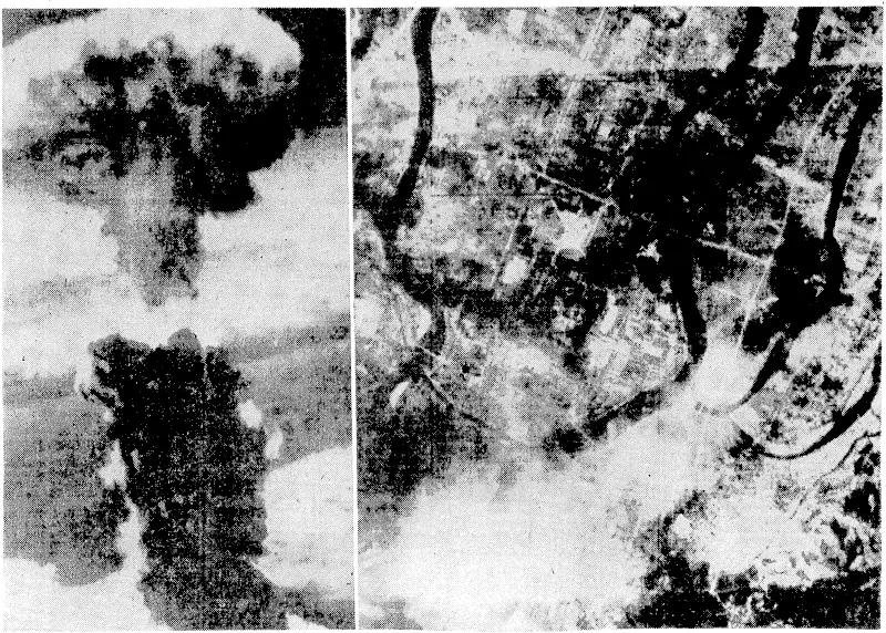 Colossal, column of smoke (Left ), rising more wan jeei, spreads into a huge musnrown vuvi nuguiuttt, ( t-« n/™«.»/, wruvu was being devastated by an atomic bomb. The picture was taken three minutes after the bomb had exploded. Four hours later dense folds of smoke still blanketed the city. Right, Hiroshima, the first Japanese town bombarded with an atomic bomb, photographed after the bombine. (Evening Post, 15 August 1945)
