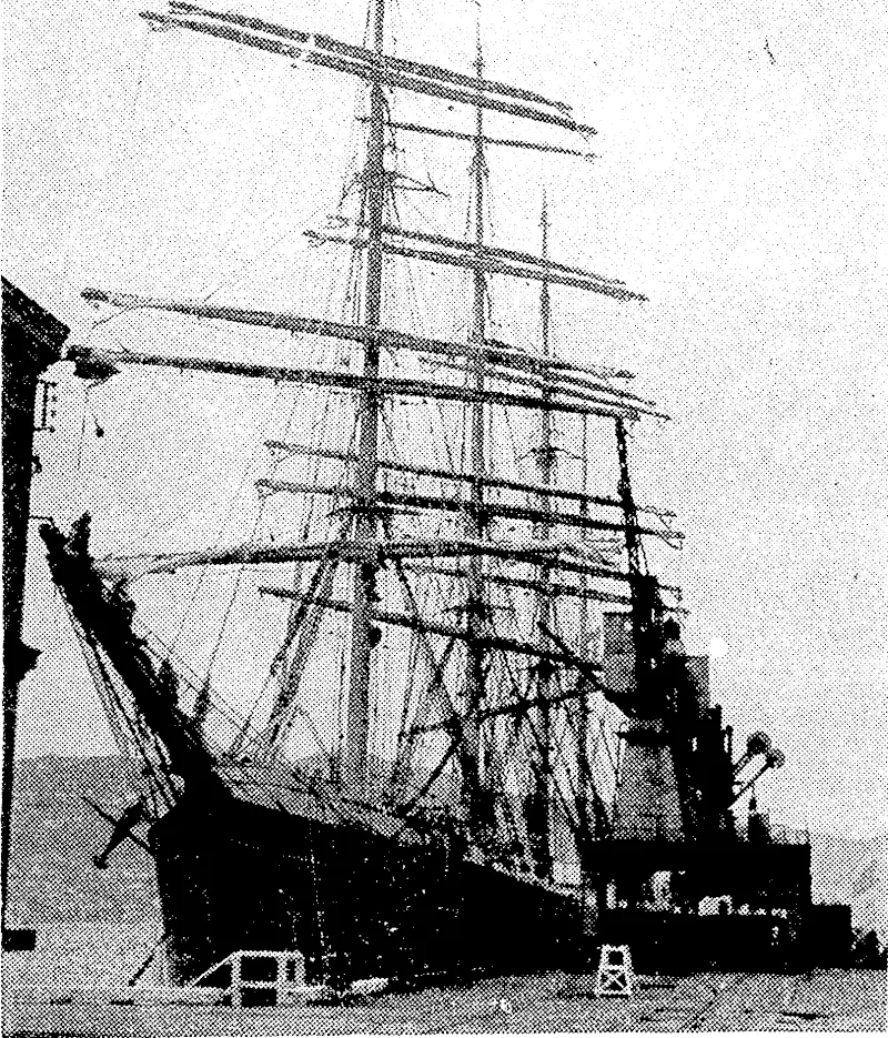 The barque Pamir, up ihe mainmast, of which a girl telegraph messenger climbed yesterday. (Evening Post, 19 September 1945)