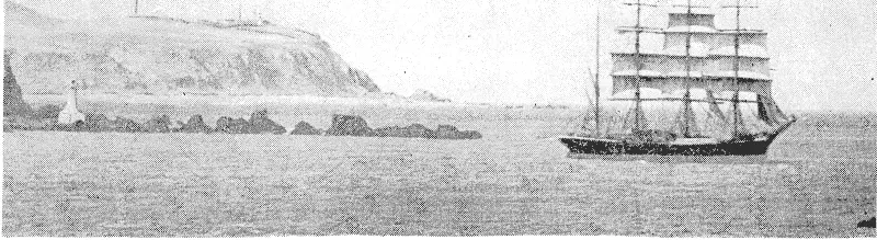 The four-mas Led barque Pamir Leaving Wellington tins morning, photographed when paxsuig an; ion-level Ugh/, ai Pencarrow, ivith Baring Head in the background. (Evening Post, 22 September 1945)