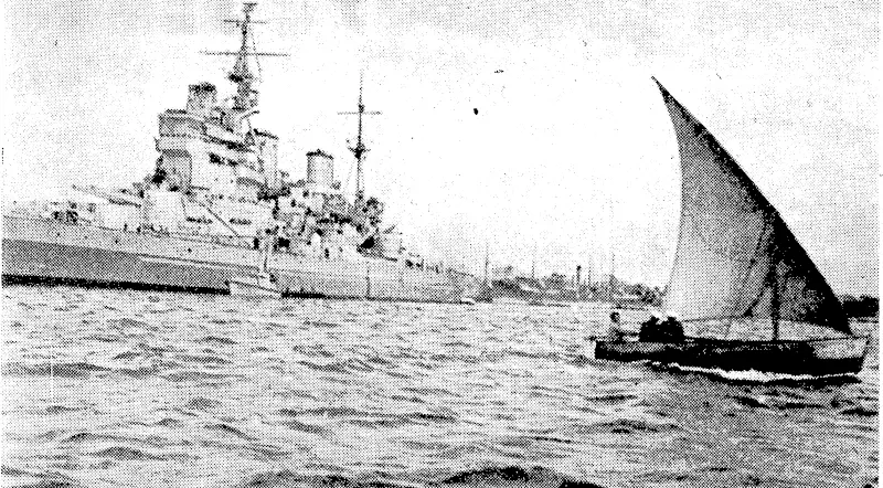 H.M.S King George V, one of Britain's 35,000-ton battleships., at Alexandria on her way to join the British East Indies Fleet. She took part in the attack on the Japanese oil refineries at Palembanq Sumatra, during which 75 per cent, of the aviation spirit stored there ivas destroyed. (Evening Post, 26 March 1945)