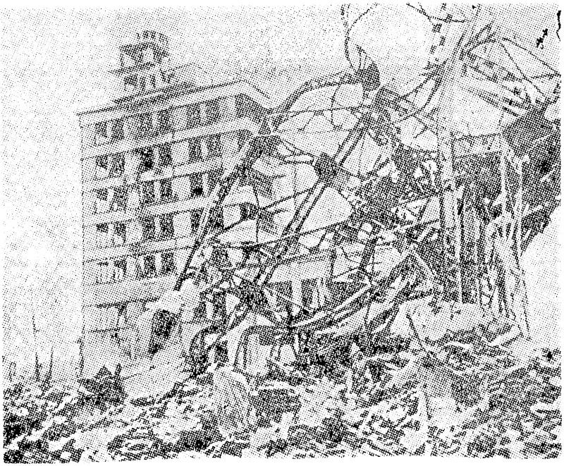 This tangle of steel marks the site of a large building in the industrial centre of Hiroshima after the explosion of the atomic bomb. (Evening Post, 20 November 1945)
