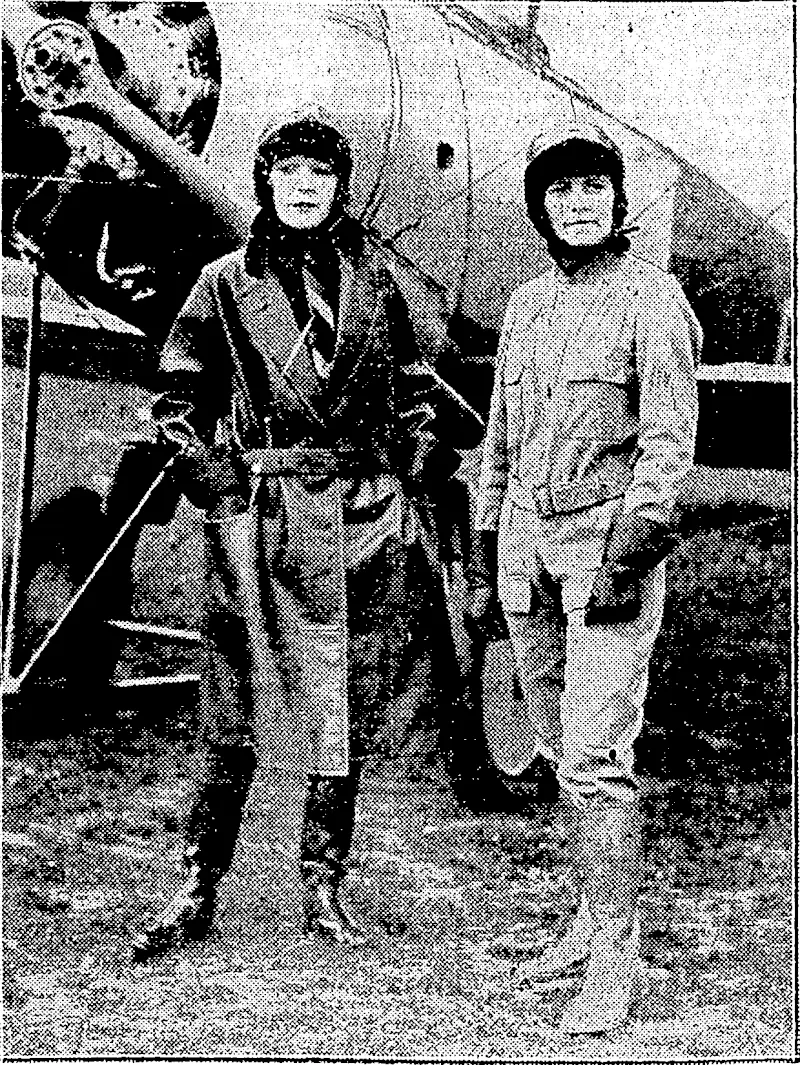 Sport and General, Photo. Tho lady on the left.ls wearing a thick leather coat with Wellinoton boots to match and fur-lined cap, while tho smartly-attired lady on the right wears a novel one-piece suit with Wellington hoots and fur cap to match. (Evening Post, 24 August 1929)