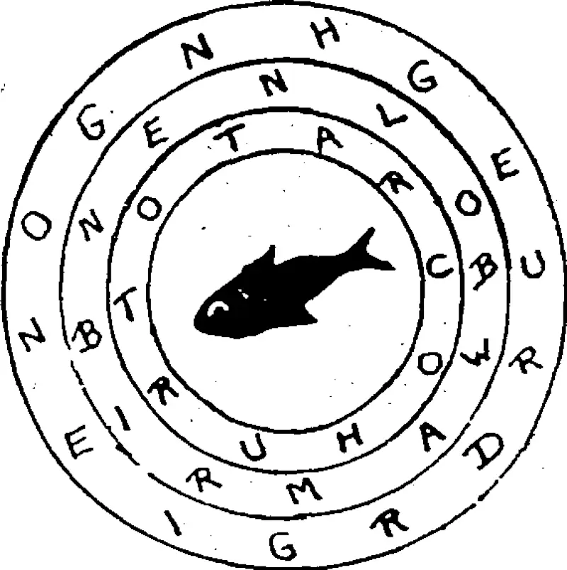 Start at one letter in the outer circle and using alternate letters make the name of a fish. Start at another letter and make another fish. Proceed-in the same way in the two other circles and make the names of two fishes in each case. (Evening Post, 17 December 1929)
