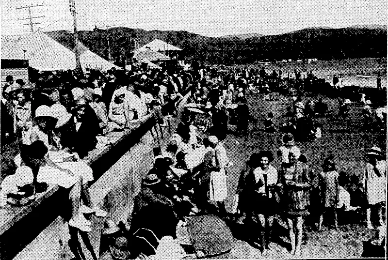 Evening Post"-Photo. BEACH CARNIVAL AT PETGNE.—JAe big carnival organised by the Petone Beautifying Society, now being held at the Petone Beach, was patronised by a great number of people on Saturday, This photo* graph, taken in the afternoon, shows the crowd on the beach. (Evening Post, 28 December 1931)