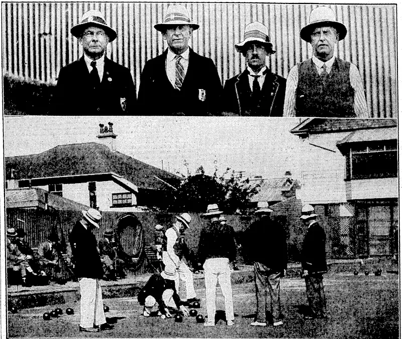 Evening Post" Photo. FINAL OF THE PUBLIC SERVICE BOWLING TOURNEY.—At top, the Post and • Telegraph Department's team,-ioinners-of the I Public-Service rinks tournament; from left, S.. Potter (skip), C. Nicholls, P. H. Mason, and W. J. Leahy.' Below, a measure on the Thorndon-bowling green during the'final,'in which the -Legislative Heam, skipped by.J. Portcous,.was defeated. (Evening Post, 17 February 1933)