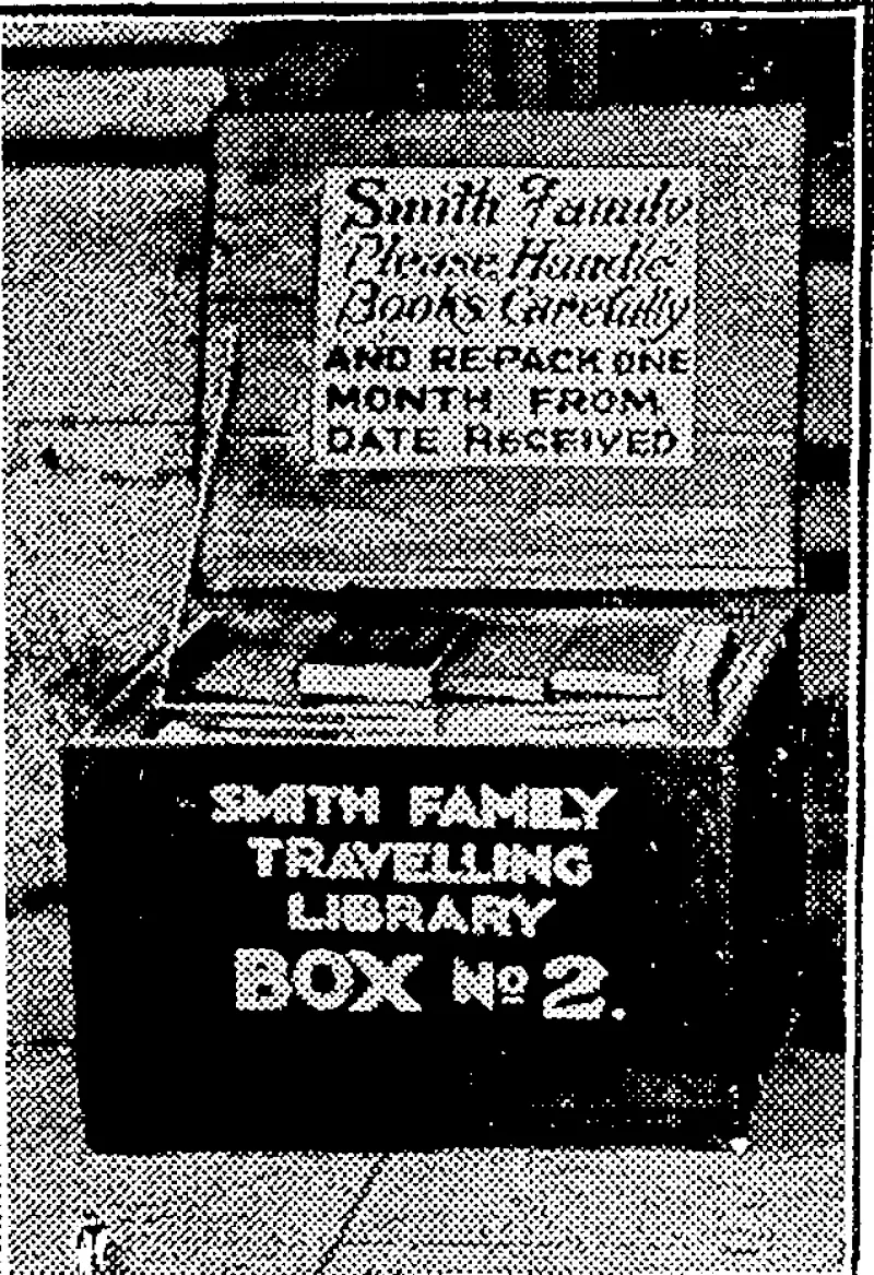Evening Post" Photo. A TRAVELLING. LIBRARY.— Books* magazines, and periodicals, in a convenient box, a unit of the Smith Family travelling library for circulation among the unemployment camps. (Evening Post, 25 August 1934)