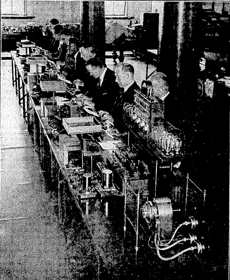 The Murray Multiplex Printing Set enables four rne^sages, at the rate of 43^ords per minute, to be sent in each direction over a single Hrie—a total of 344 wordi per minute. A tape is perforated by working the keyboard; and four of theW tapes are worked simultaneously into the transmitter. At the receiyihg station the signal impulses of the four messages are sorted out and the text is automatically typed put. The actual typing of a letter by the receiver takes place about a twentieth of a second after the sender has depressed the key. (Evening Post, 08 February 1935)