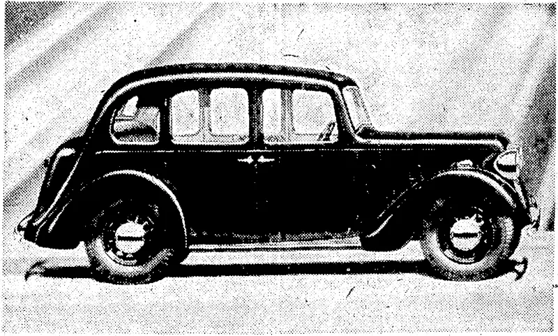 APPEARAiNCE WITH COMFORT.—The new Austin 10-4 Cambridge Saloon. Modern in design, it provides generous interior space and good appearance. The forward mounting of the engine will be noted, all-steel body and w ell-designed rear. Like all the Austin range, it has a side-valve engine and four-speed gear-box, with synchro-mesh engagement for second, third, and top. (Evening Post, 17 October 1936)