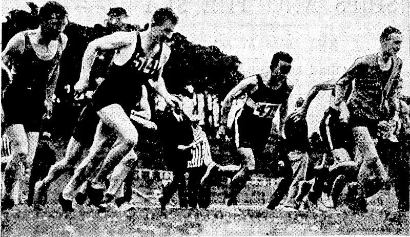 Evening Post" Photo. START OF THE HOLIDAY MARATHON.—Runners at Newtown Park on Labour Day after the starter had dispatched them on the. 26 miles 385 yards race, which is the correct Marathon distance. A. L. Steve ns, the winner, is on the extreme left: ' (Evening Post, 31 October 1936)