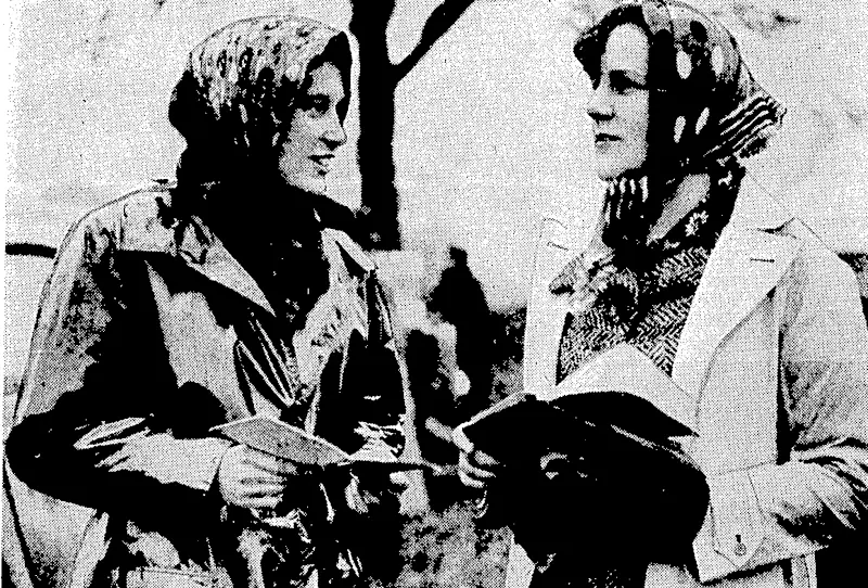 Sport and General" Photo. Striking head-coverings worn by Miss Diana Severne one? the Hon. Legarde Phillips at the Cambridge University Steeplechase at Cottenham, England, on February 19. (Evening Post, 18 March 1937)