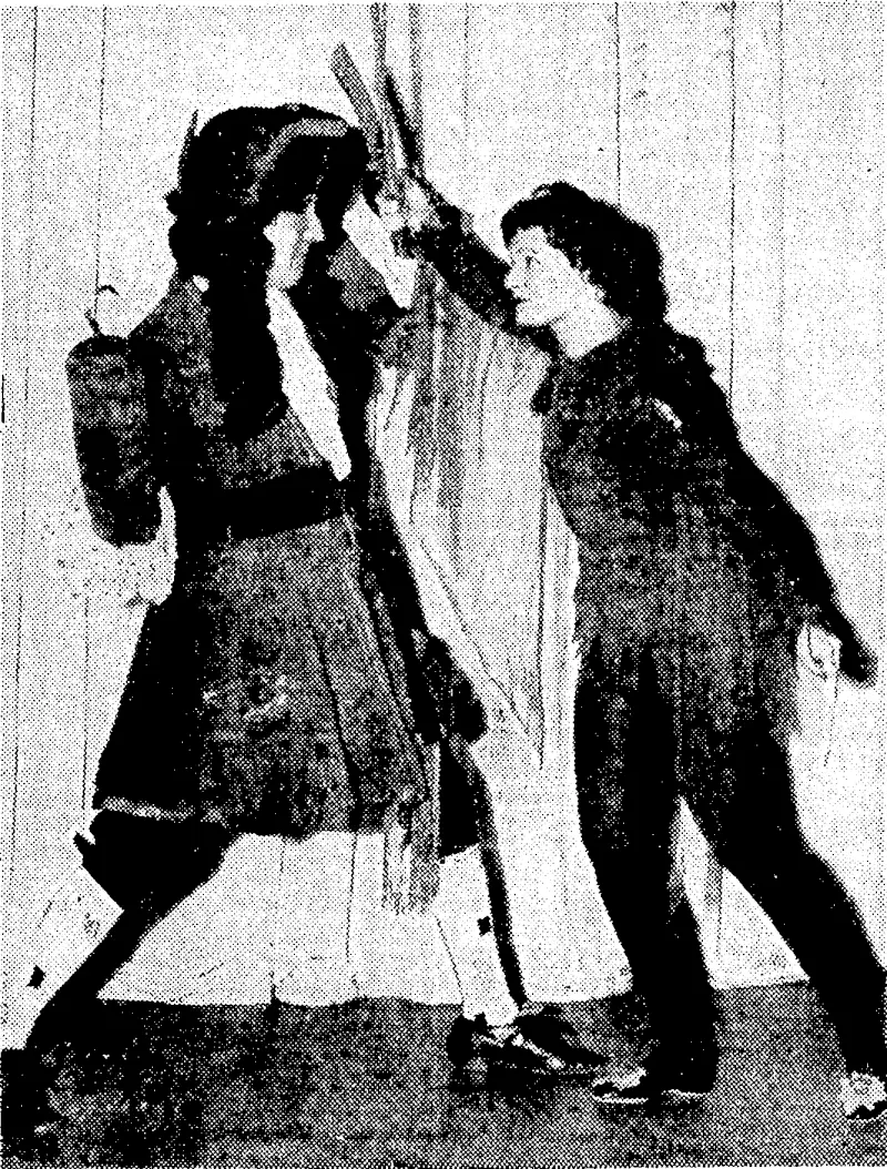 Sport and General" Photo. Anna Neagle, who took the title part in "Victoria the Great," is now starring as "Peter Pan" at the London Palladium. She is seen in combat tuith Captain Hook, played by George Curzon. (Evening Post, 27 December 1937)