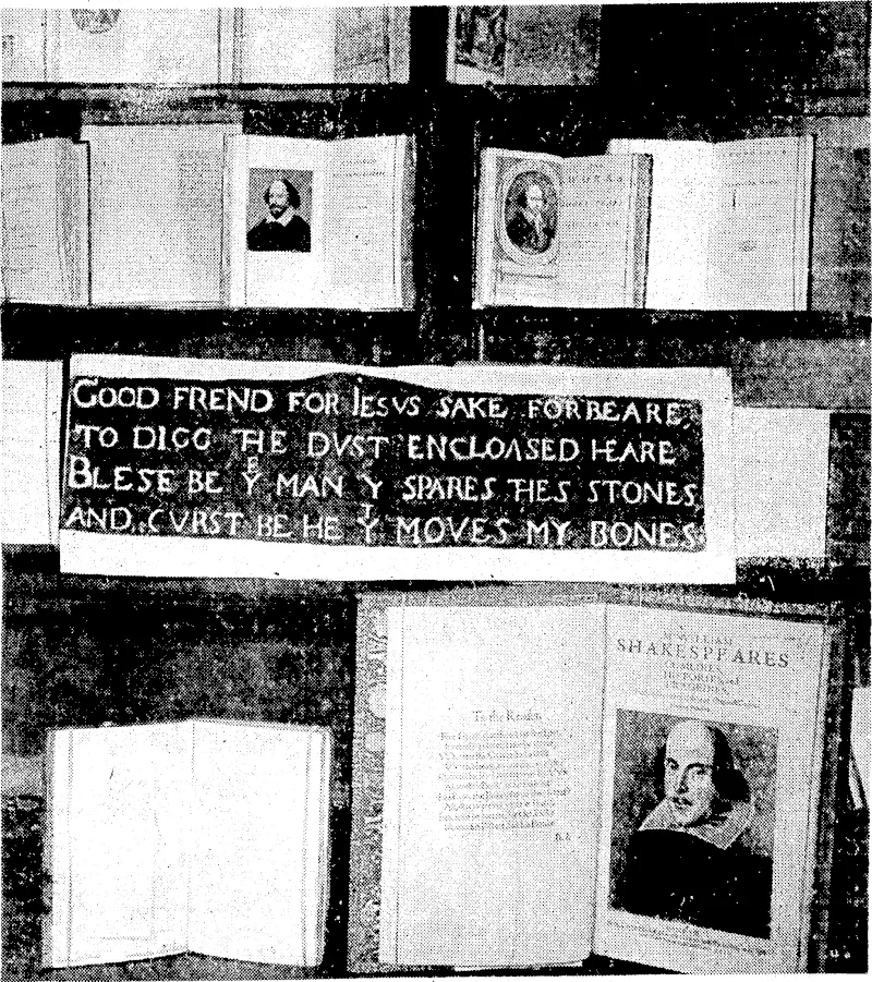 p "i—•— "Evening Tost" Thoto. rA glimpse of the exhibition of rare books, etc., relating to William Shakespeare, al present in the Turnbull Library. The centrepiece is a copy of the inscription on the poet's tomb, and below.is the 1632 folio edition beside a volume of forged works done in 1795. (Evening Post, 23 April 1938)