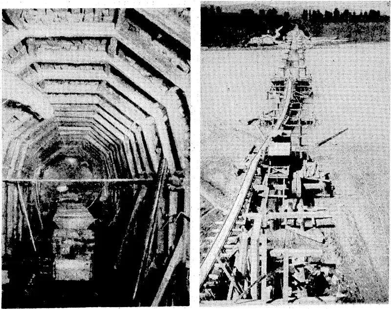 Tunnel and bridge building along the line of the new East Coast railway. The picture on the left shows how American methods are being.applied in tunnelling. Full-section timbering allows a close follow-up with the concrete'lining, as adopted in the Waikura tunnel. On. right, bridging the Waipaoa River, near Gisborhe, ivh'ere the concrete, work iiias completed before the holiday stoppage of work and the top 'decking will be started shortly. . . . •."... (Evening Post, 13 January 1938)