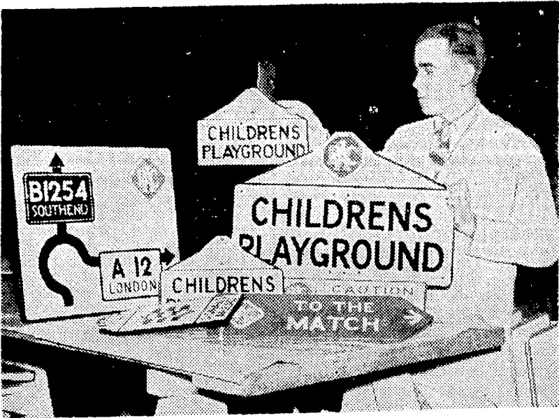 Half-scale model traffic signs made by the RJA.C. are to be used at the Brentwood School, Essex, where 500 pupils are being taught traffic laws with the aid of toy motor-cars, traffic lights, and miniature roads. Pupils act as police men. The half-scale signs are depicted here compared with normal road signs. (Evening Post, 19 March 1938)
