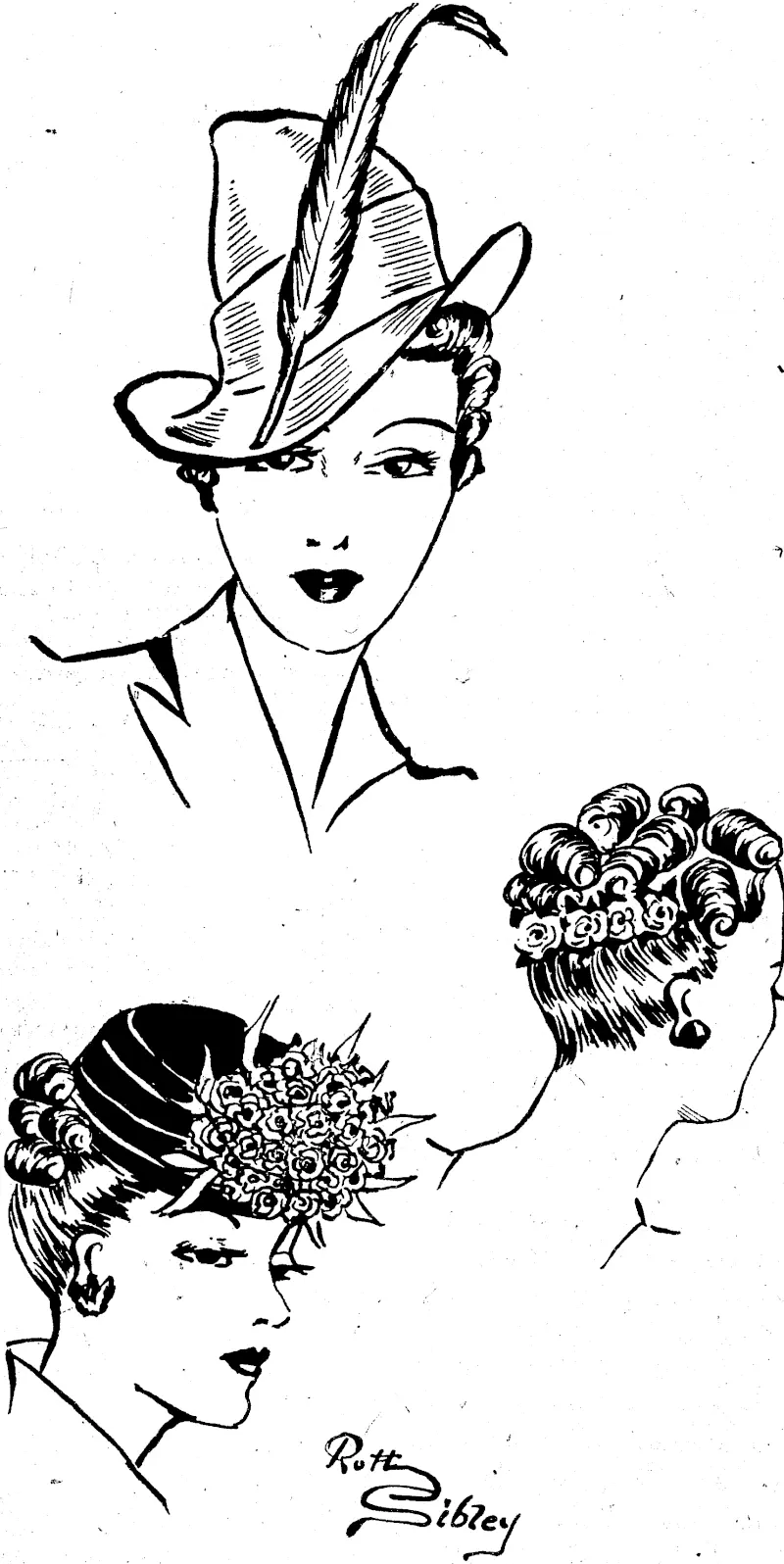 Height in hats and hairdressing is a mode of the moment. The; forward tilt and the flower trimming on pill-box shapes is a. successful model for many- materials. (Evening Post, 01 October 1938)