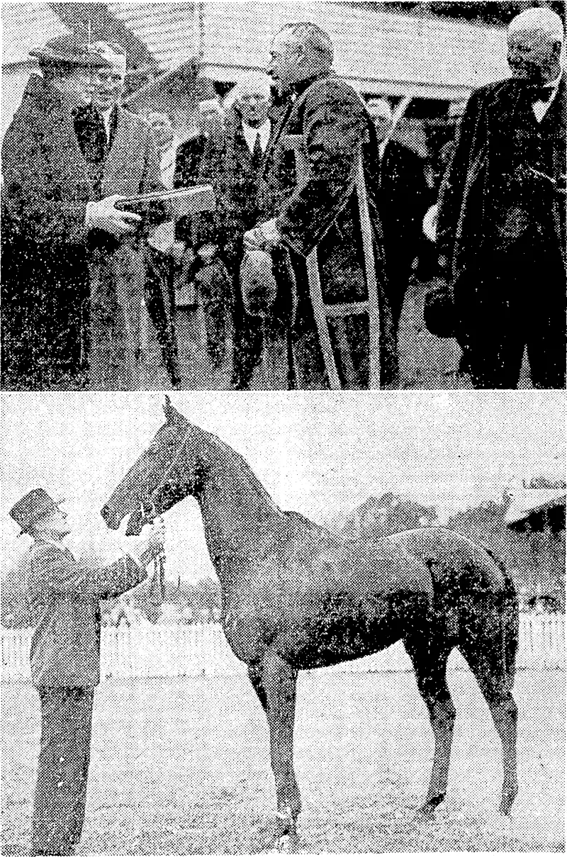 Mr. H. D. Leaman receiving a canteen of cutlery at the hands of Mrs. A. C. Nathan, ivife of the vice-president of the Marlborough Racing Club, after the victory of Second Innings (beloiv) in the Marlborough Cup last Saturday. (Evening Post, 13 May 1939)